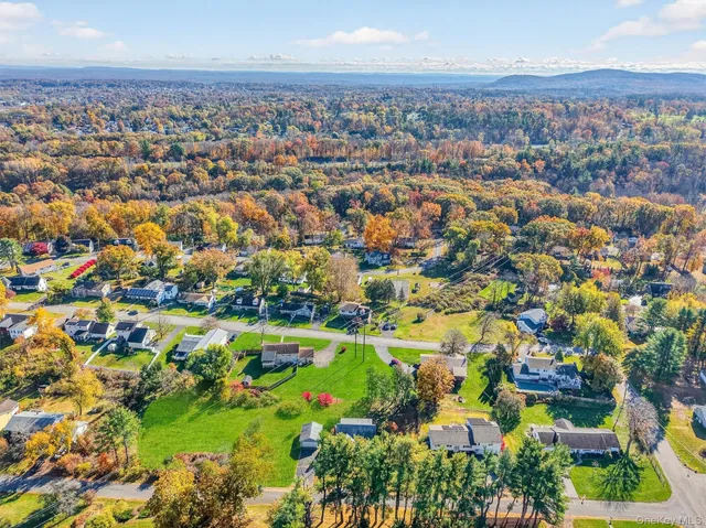an aerial view of residential houses with outdoor space and trees
