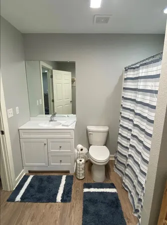 a bathroom with a sink toilet vanity and shower