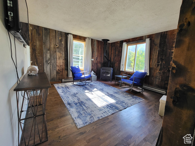 1406 South Bartholomew Cyn Road Springville, UT 84663 - Photo 17 of 19 Living area featuring a textured ceiling, a wood stove, dark wood-type flooring, and wooden walls