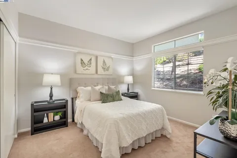 a bedroom with furniture and a potted plant