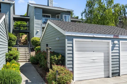 a view of a house with a yard and potted plants