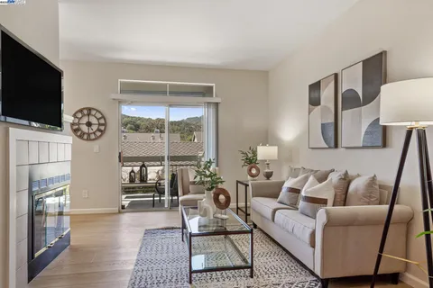 a living room with furniture a flat screen tv and a fireplace