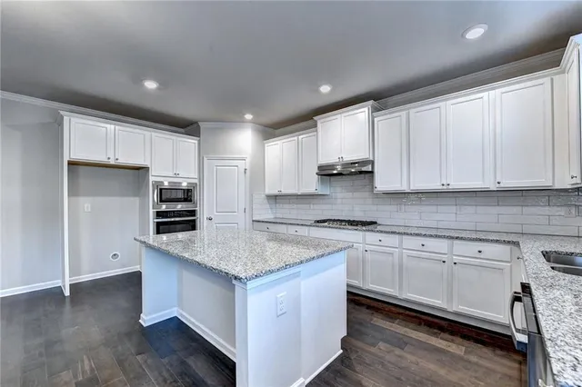 a kitchen with stainless steel appliances granite countertop a stove a sink and a refrigerator