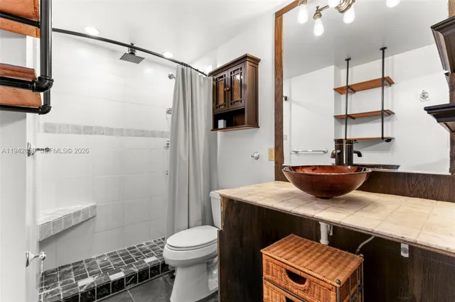 a bathroom with a sink a toilet and shower