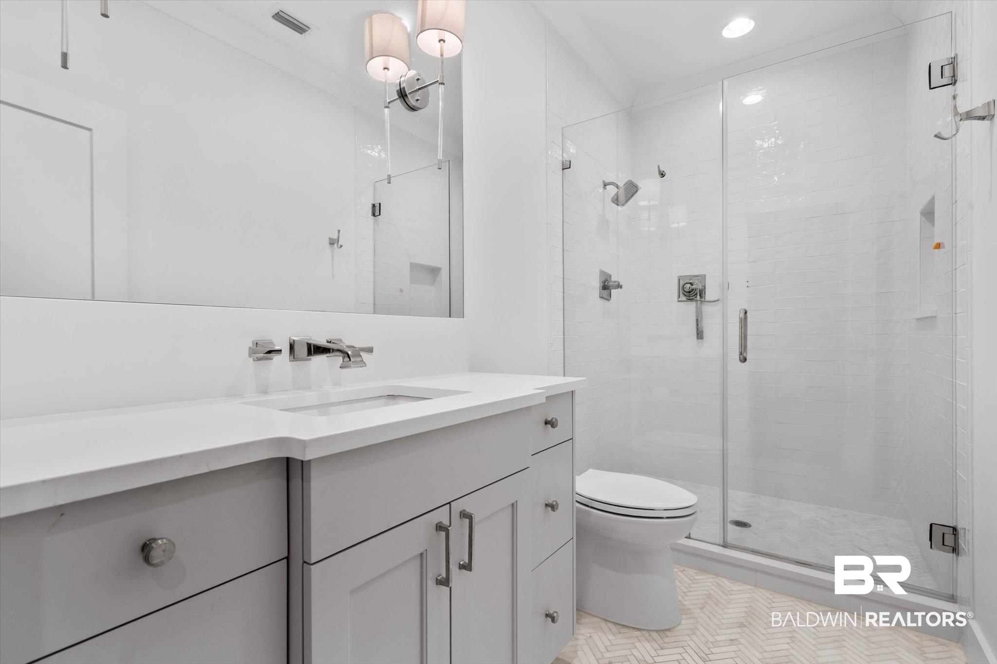 4602 Kingswood Drive Mobile, AL 36608 - Photo 28 of 45 Bathroom featuring vanity, a shower stall, light tile patterned floors, and recessed lighting
