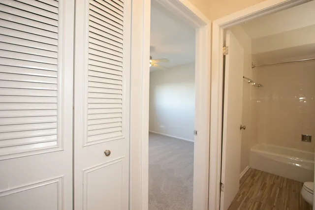 a bathroom with a shower and a toilet