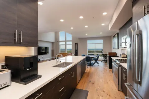 a large kitchen with lots of counter space