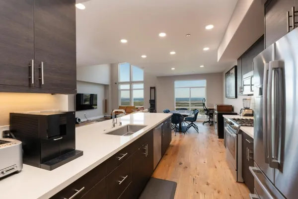 a large kitchen with lots of counter space