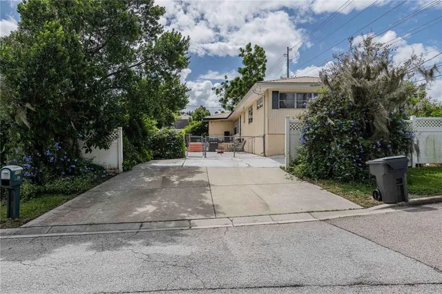a view of a patio with plants and trees