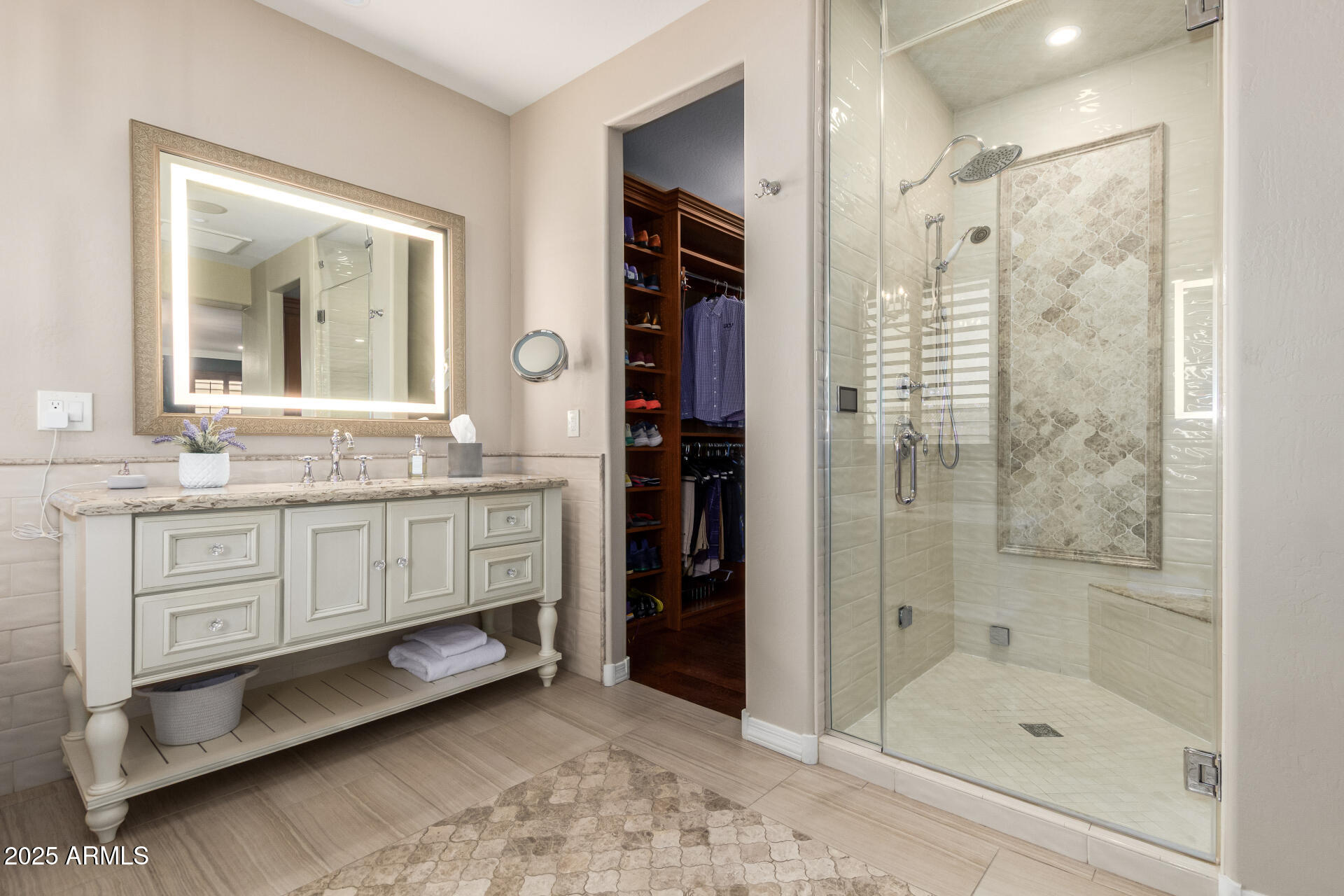 21626 North 38th Way Phoenix, AZ 85050 - Photo 25 of 72 a bathroom with a granite countertop sink a mirror a shower and a bathtub