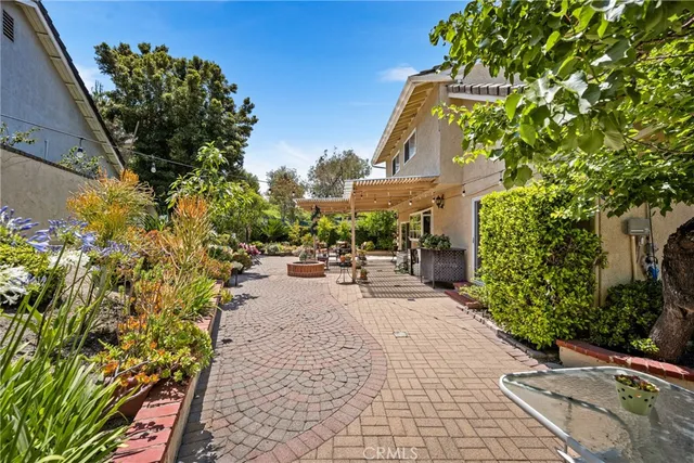 a backyard of a house with table and chairs
