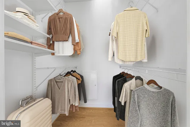 a view of walk in closet with clothes and shoes