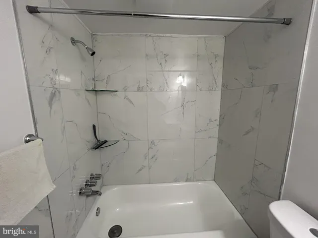 a bathroom with a shower and toilet