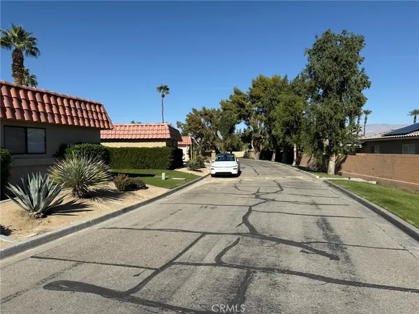 a view of a tennis court with potted plants