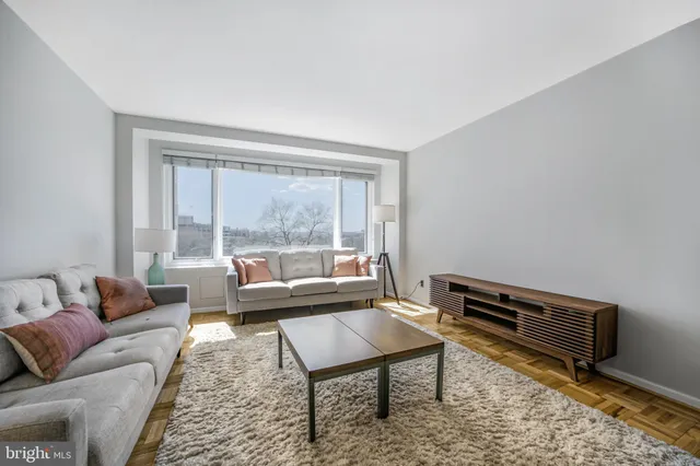 a living room with furniture a rug and a window