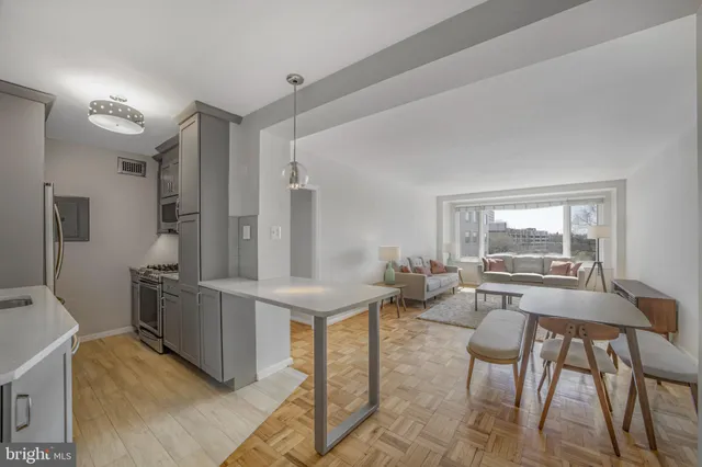 a view of a kitchen and dining room