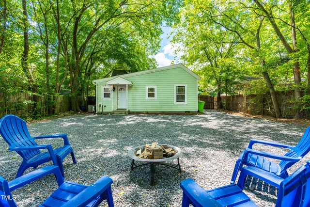 a backyard of a house with table and chairs