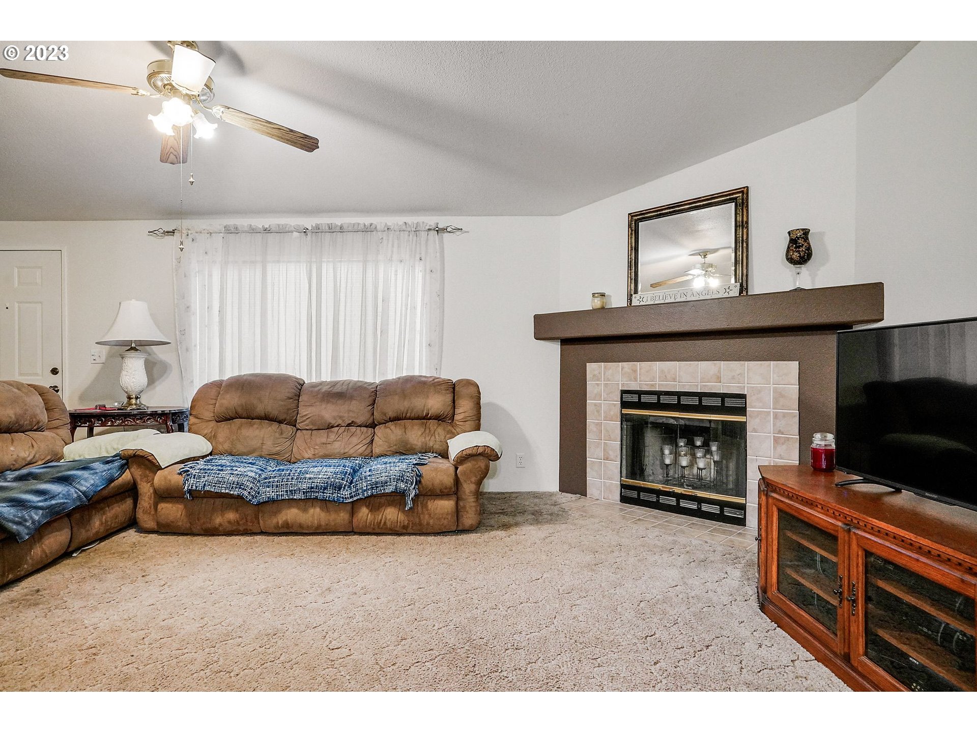 1015 Oak Street, Unit 100 Silverton, OR 97381 - Photo 21 of 30 a living room with furniture a fireplace and a flat screen tv
