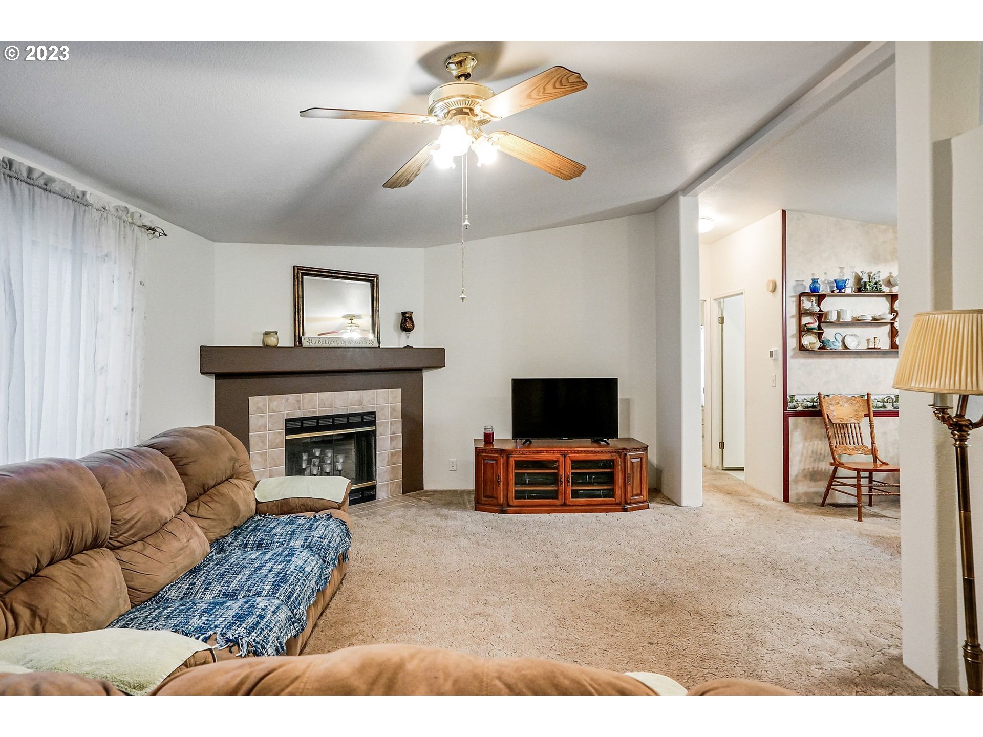 1015 Oak Street, Unit 100 Silverton, OR 97381 - Photo 22 of 30 a living room with furniture a fireplace and a flat screen tv