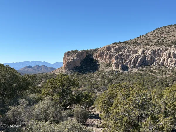 a view of a mountain range with trees in the background
