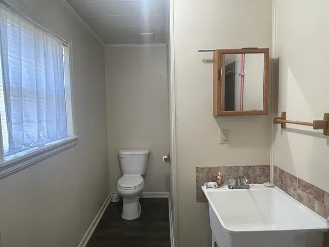 a bathroom with a toilet a sink and mirror