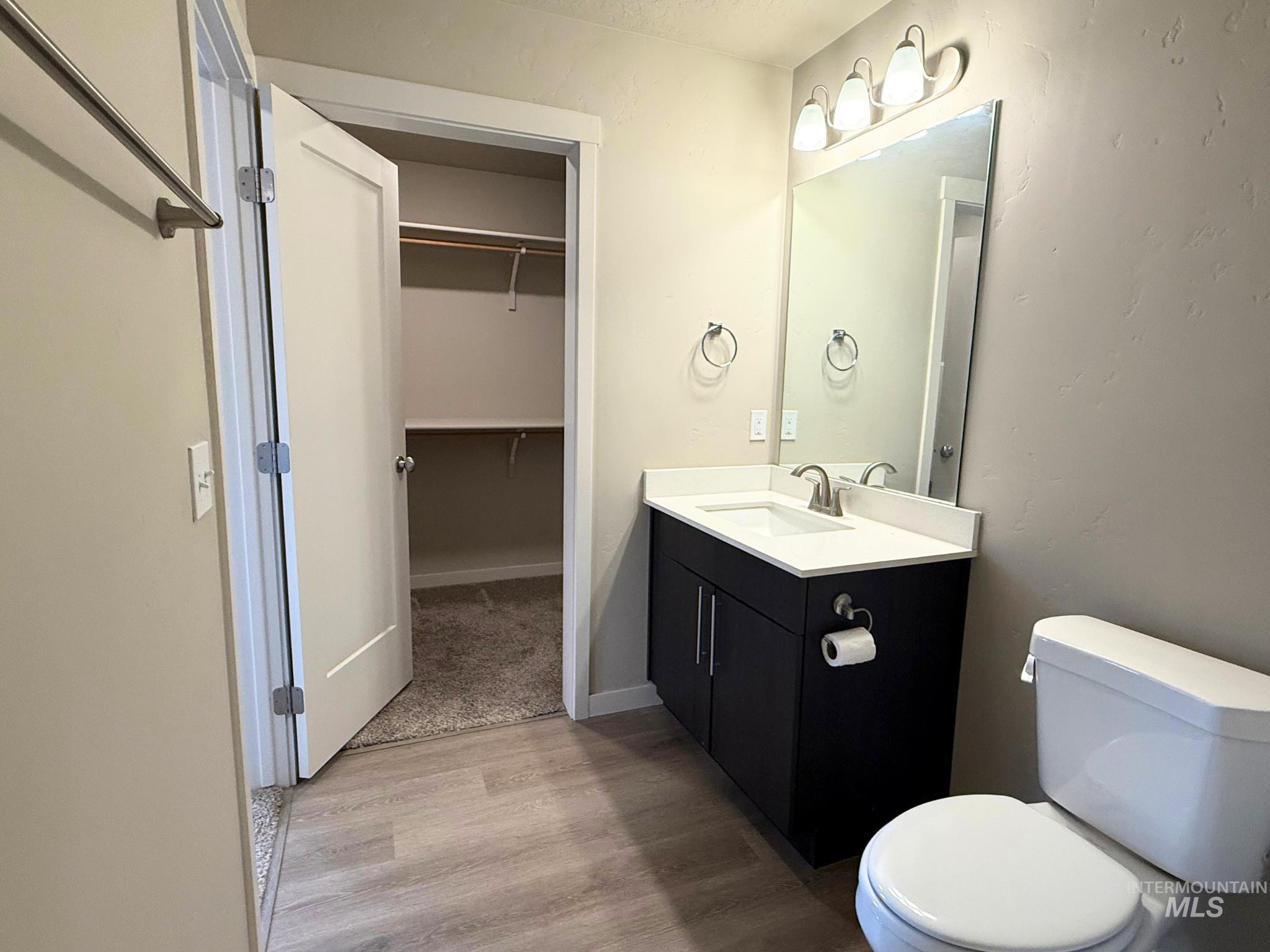 616 North 44th Street Nampa, ID 83687 - Photo 7 of 18 Bathroom featuring vanity, light wood finished floors, and a walk in closet