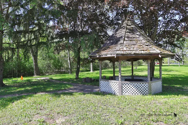 a garden view with a fountain
