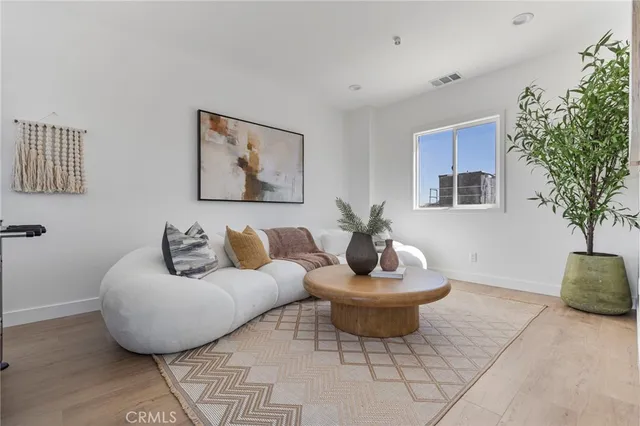 a living room with furniture and a potted plant