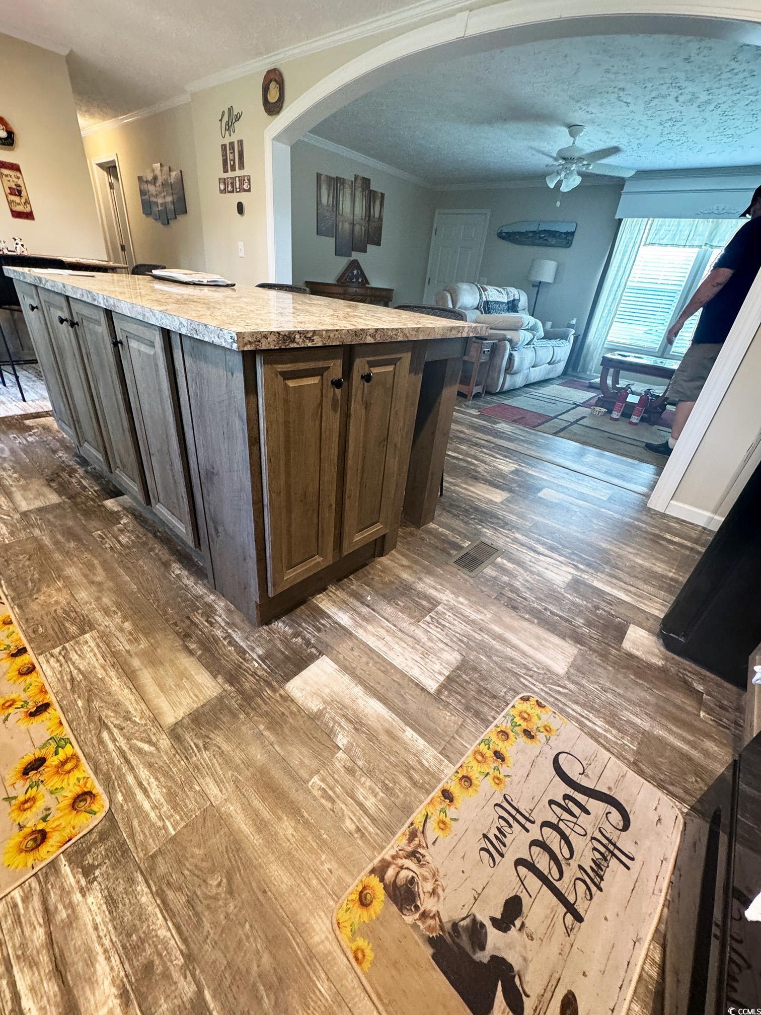 2620 Red Bluff Road Loris, SC 29569 - Photo 15 of 33 Kitchen with a textured ceiling, ceiling fan, arch