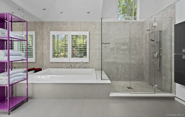 a bathroom with a bathtub and a shower