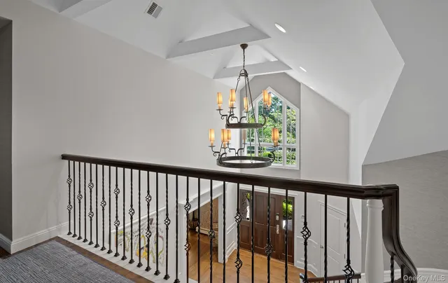a view of a porch with wooden floor