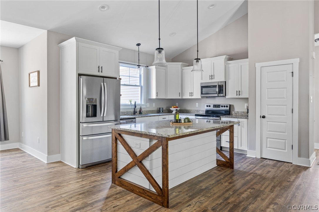 3925 Old Ridge Road Farmville, VA 23901 - Photo 11 of 50 a kitchen with stainless steel appliances kitchen island granite countertop a refrigerator a sink dishwasher a stove and white cabinets with wooden floor