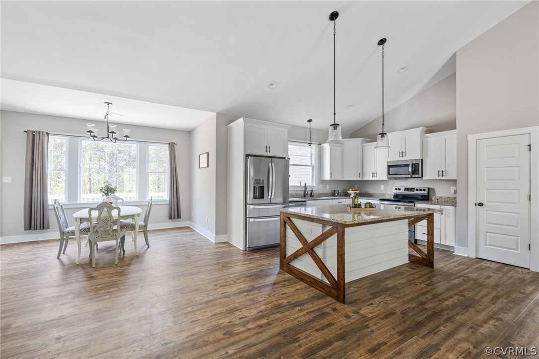 3925 Old Ridge Road Farmville, VA 23901 - Photo 23 of 50 a kitchen with stainless steel appliances granite countertop a stove a refrigerator a kitchen island a dining table and chairs with wooden floor