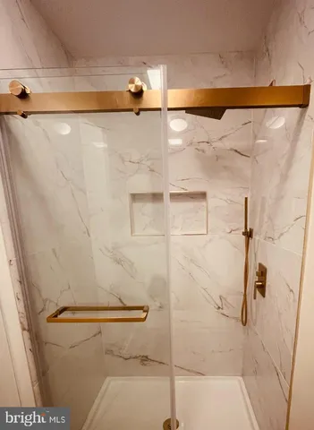 a bathroom with a shower and a toilet