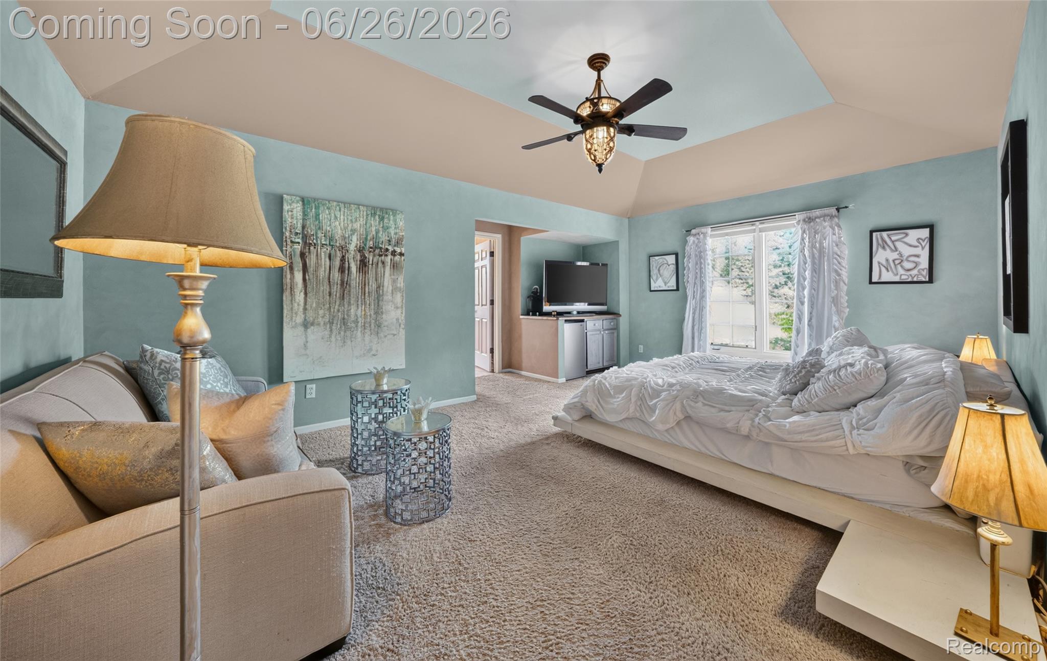 2619 Lambeth Park Rochester, MI 48306 - Photo 32 of 71 Carpeted bedroom featuring vaulted ceilings with a ceiling fan