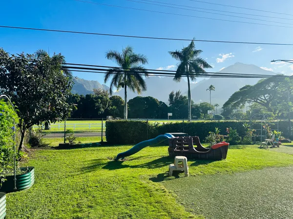 a garden view with a sitting space