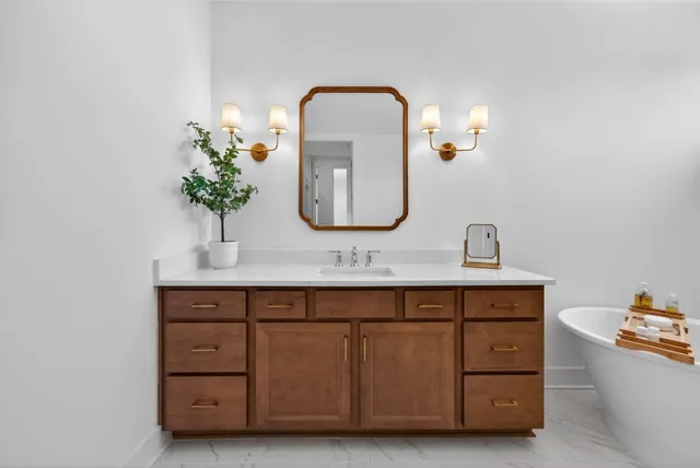 a bathroom with a bathtub