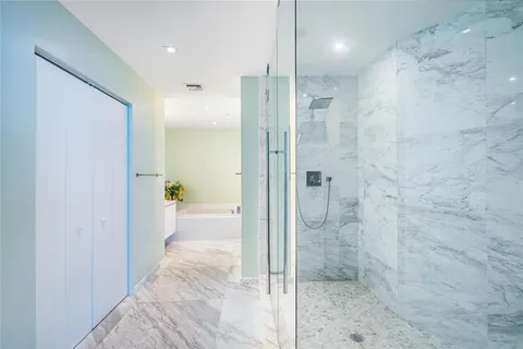 a bathroom with a shower and a toilet