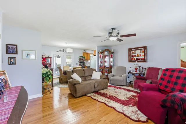 a living room with furniture ceiling fan and a rug