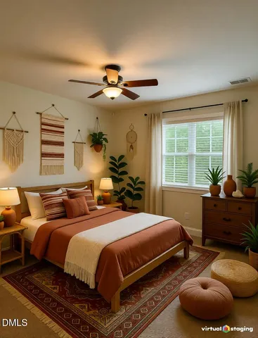 a bedroom with a large bed and a window