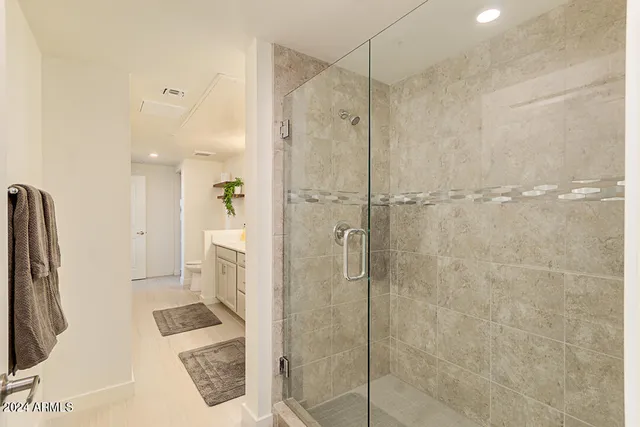 a bathroom with a shower and a toilet