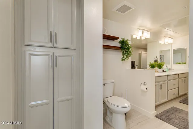 a bathroom with a white toilet sink and vanity