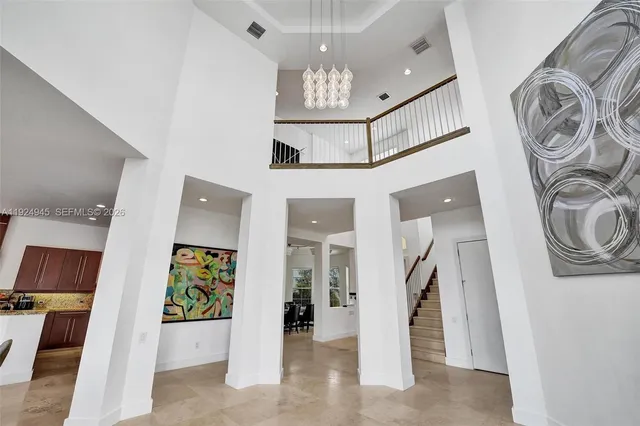 a view of a hallway with painted walls