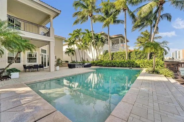 a view of a swimming pool with a garden
