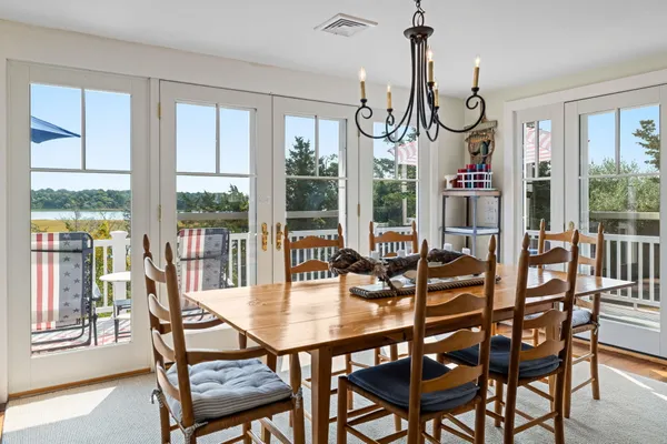 a view of a dining room with furniture window and outside view