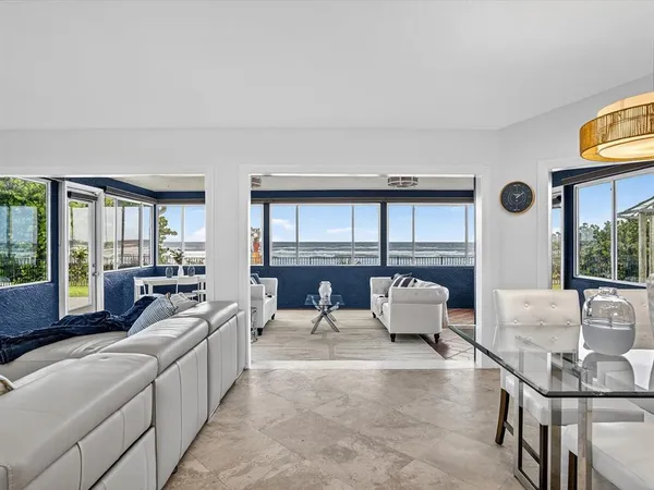 a living room with furniture and a floor to ceiling window