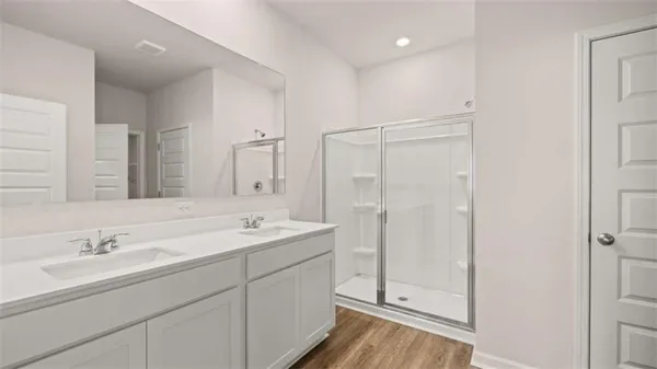 a bathroom with a double vanity sink mirror and shower