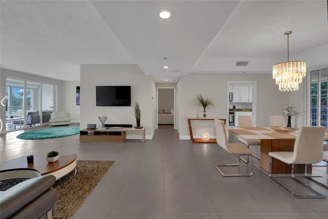 a view of a dining room with furniture window and outside view