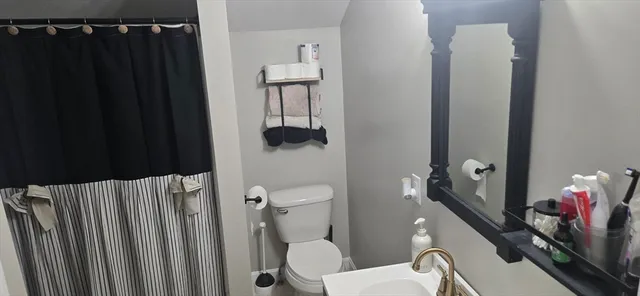 a bathroom with a sink mirror and toilet