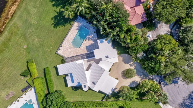 a view of a swimming pool with a yard and palm trees